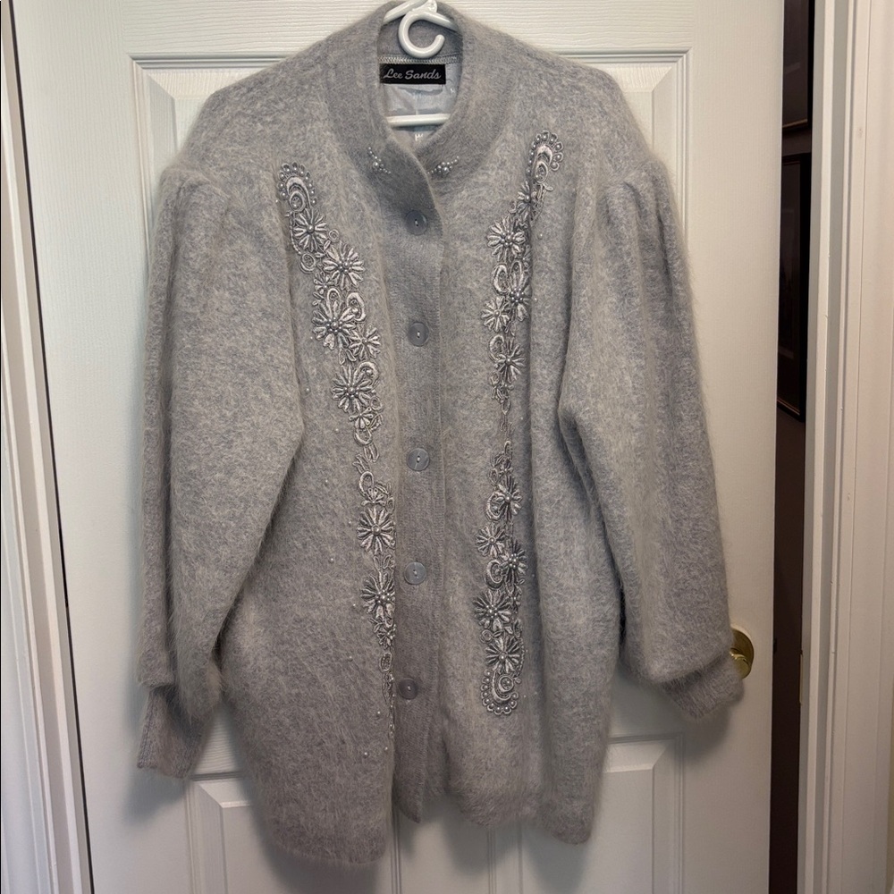 Vintage Lee Sands Embellished Angora Rabbit Sweater Jacket One Size Plus